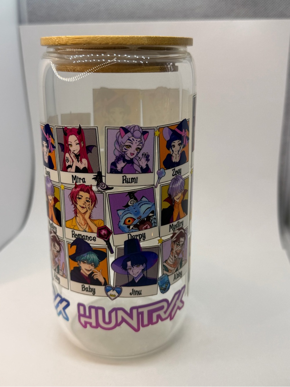 Huntrix 16oz clear glass tumbler with bamboo lid